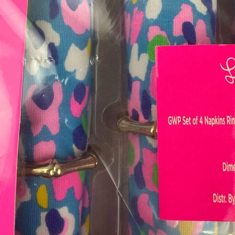Lilly Pulitzer 4 Cloth Napkins w/Gold Bamboo Rings Set Multi Hottie Dottie NEW